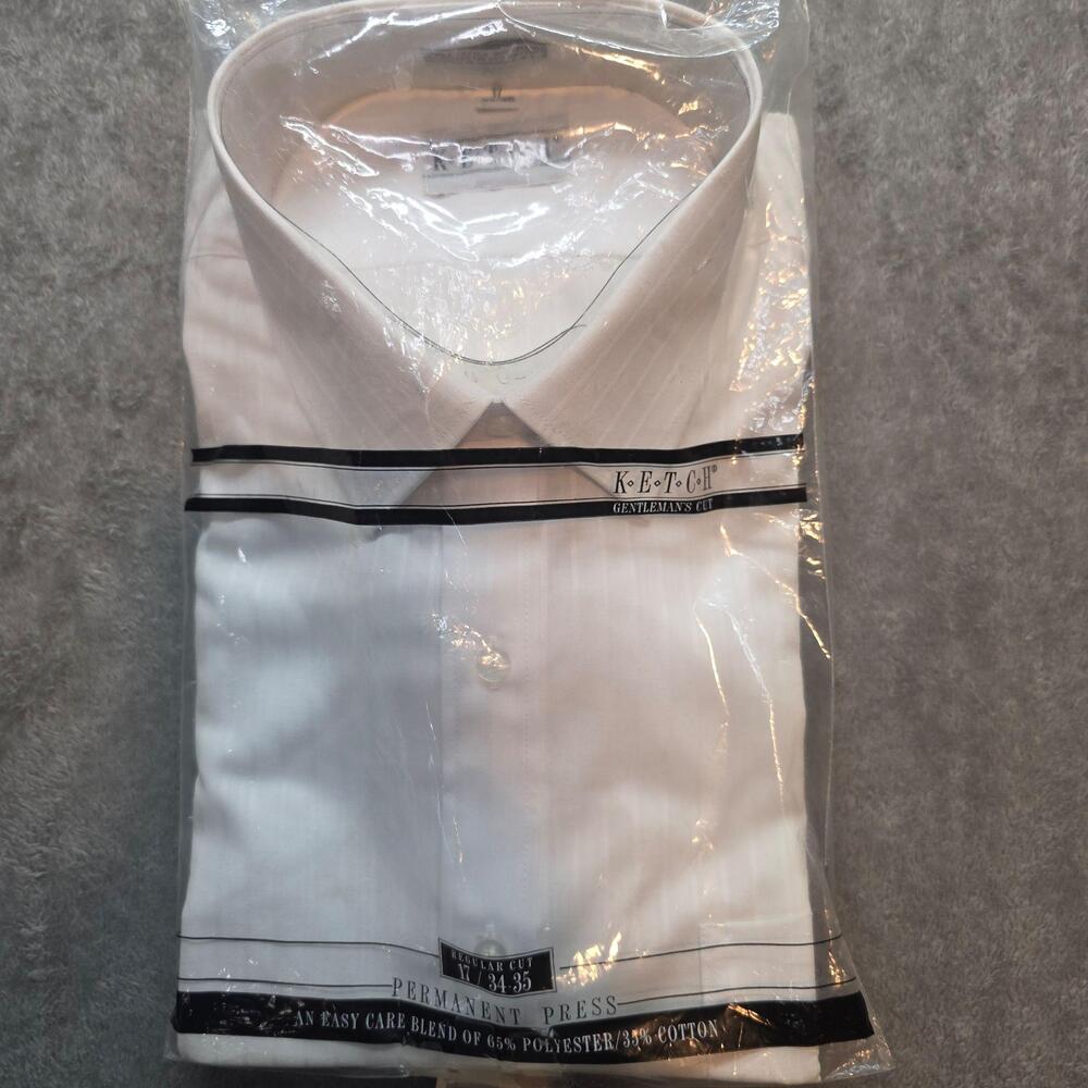 Ketch Vintage Dress Shirt Mens 16 34/35 White Striped Permanent Press Easy Care